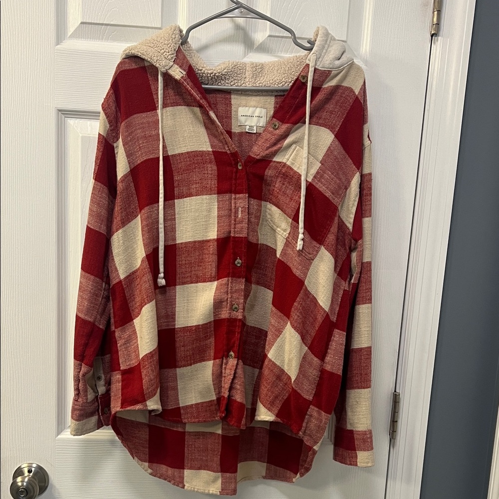 American Eagle Red and Cream Plaid Hooded Shirt